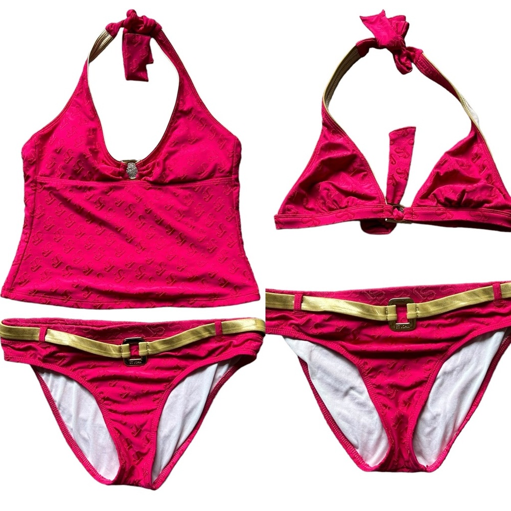 St. John bikini and Tankini hot pink monogram swimsuit set size 6 belted gold